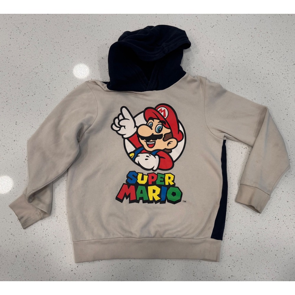 H&M Super Mario Hoodie Kids Size 8-10 Beige Navy Blue Good Casual Sweatshirt